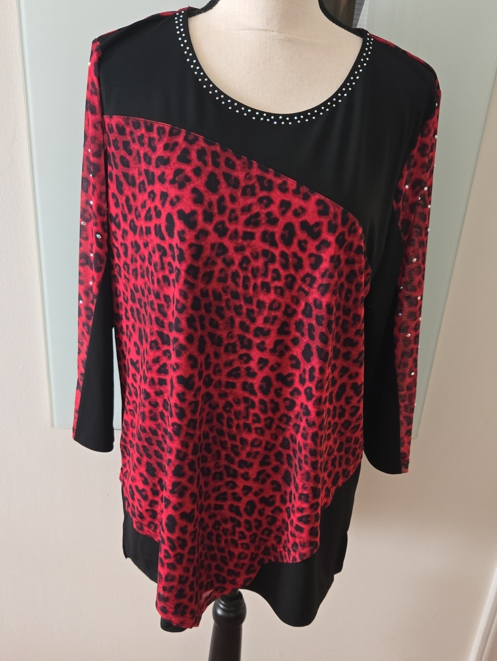 Serengeti Red and Black Leopard-Print Tunic with Rhinestone Neckline and Sleeves